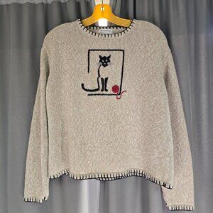 Vintage Y2K Christopher & Banks Cat Embroidered Knit Crewneck Sweater Large 2001